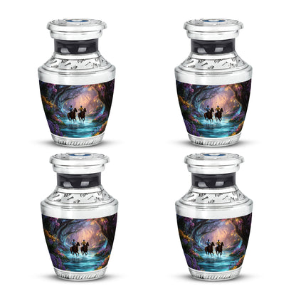 Deep Black Horse Polo Cremation Urn back view with polished surface - contemporary horse polo design with modern artistic flair - 10 inch aluminum urn for cremated remains