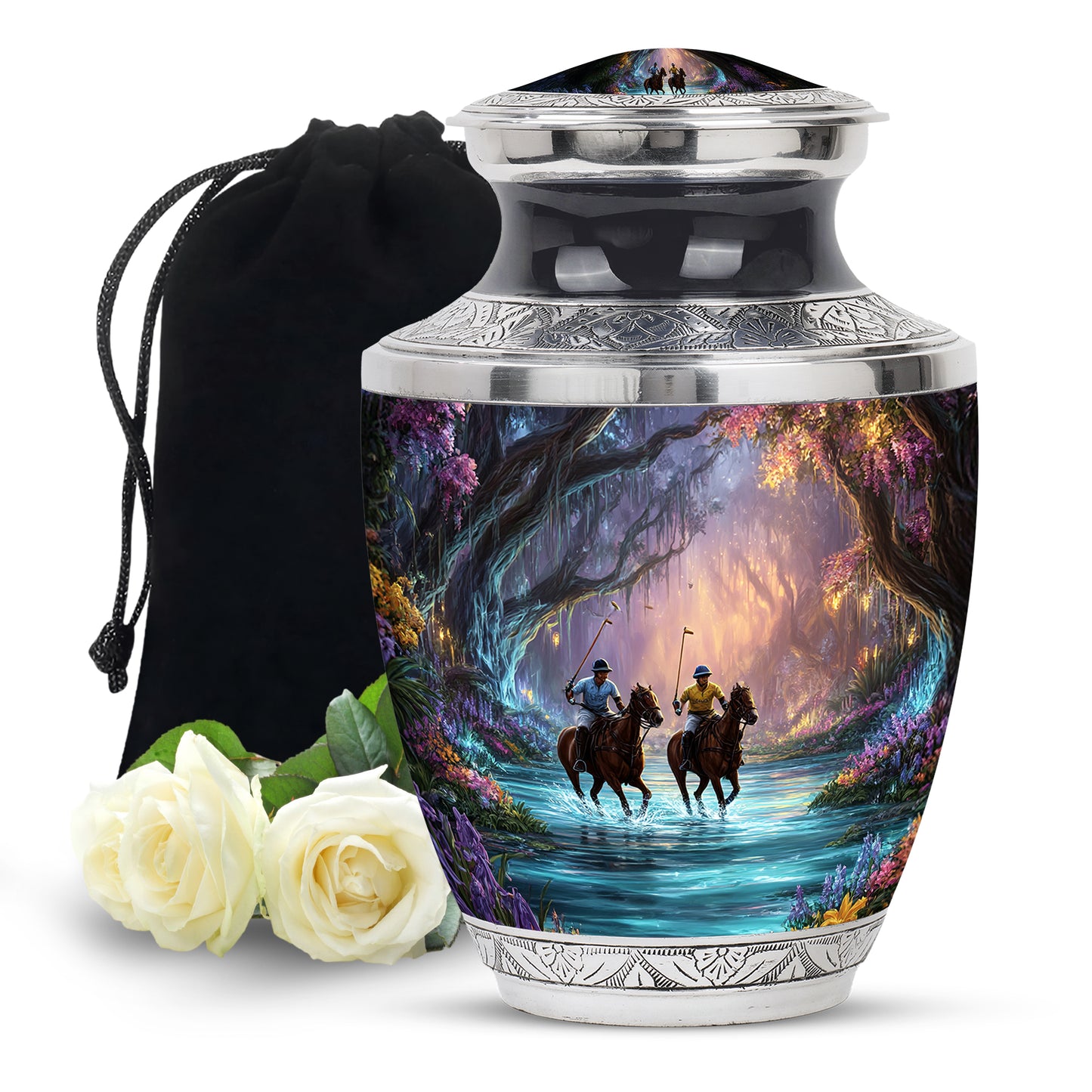 Midnight Black Horse Polo Cremation Urn side profile showing urn shape - artistic horse polo interpretation with creative detail - full-size 10 inch 200 cubic inch adult cremation urn