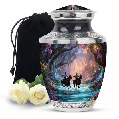 Midnight Black Horse Polo Cremation Urn side profile showing urn shape - artistic horse polo interpretation with creative detail - full-size 10 inch 200 cubic inch adult cremation urn