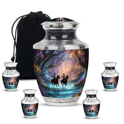 Ebony Horse Polo Cremation Urn lifestyle display on memorial shelf - contemporary horse polo design with modern artistic flair - memorial set with one large and four small urns