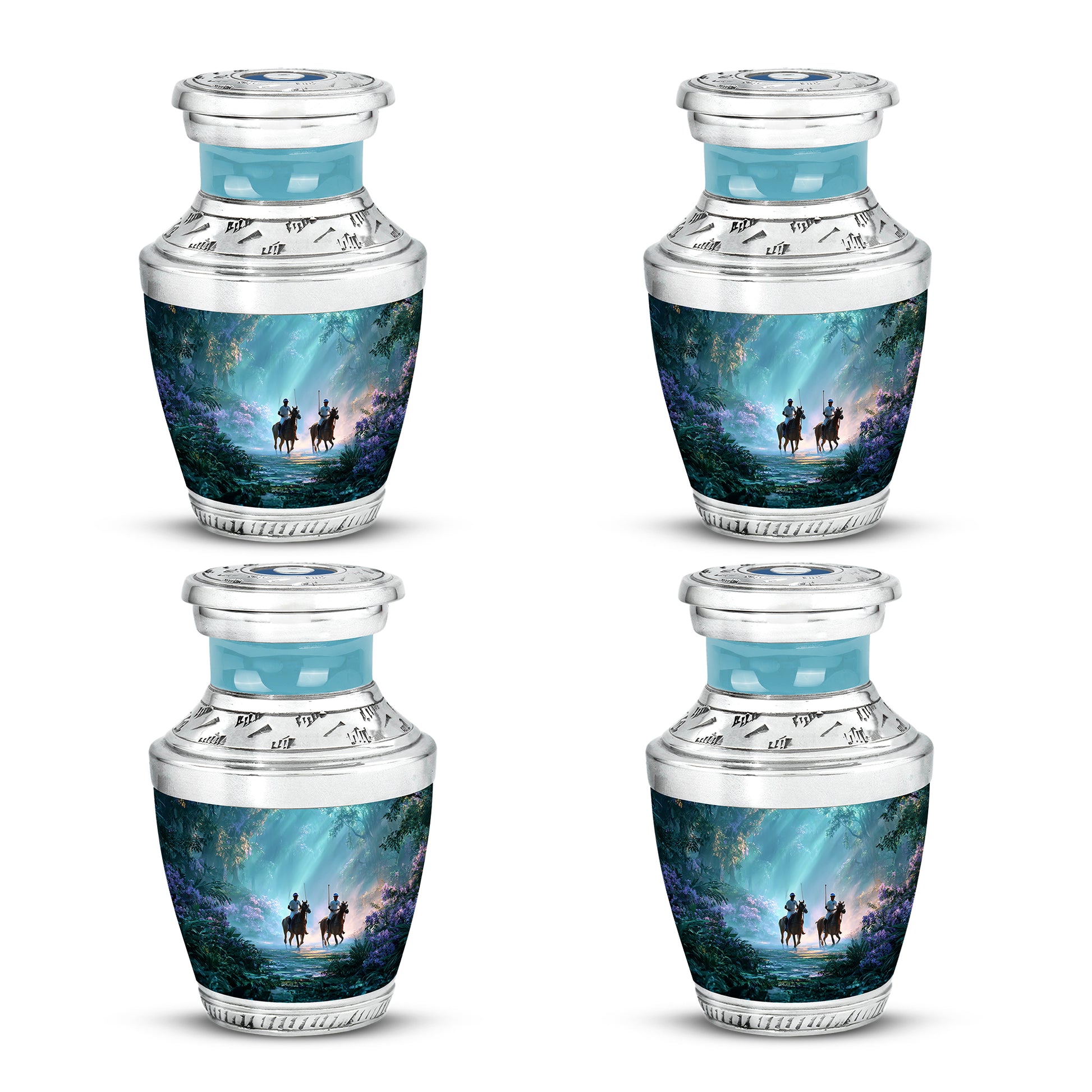 Deep Teal Horse Polo Cremation Urn back view with polished surface - artistic horse polo interpretation with creative detail - 10 inch aluminum urn for cremated remains