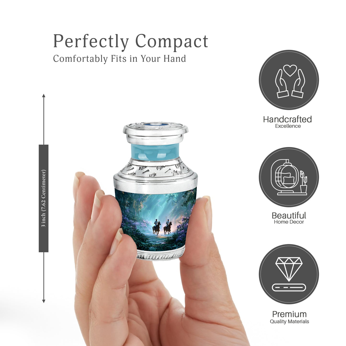 Vivid Teal Horse Polo Cremation Urn top-down view of secure threaded lid - artistic horse polo interpretation with creative detail - mini keepsake memorial for portion of cremation ashes