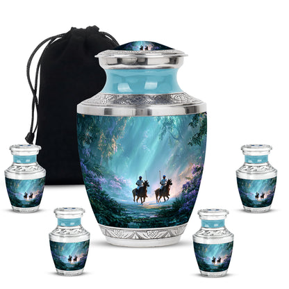 Jewel Teal Horse Polo Cremation Urn lifestyle display on memorial shelf - contemporary horse polo design with modern artistic flair - memorial set with one large and four small urns