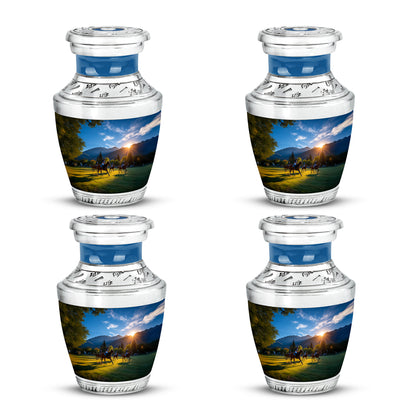 Dusty Blue Horse Polo Cremation Urn back view with polished surface - contemporary horse polo design with modern artistic flair - 10 inch aluminum urn for cremated remains