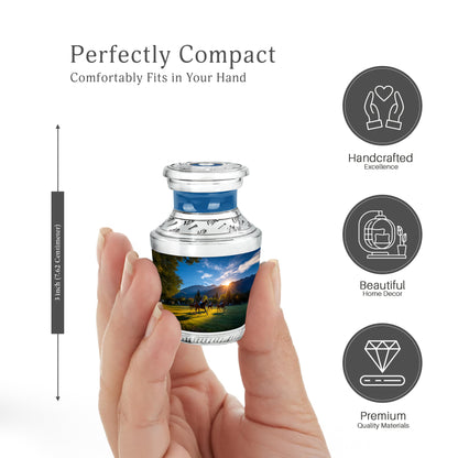 Serene Blue Horse Polo Cremation Urn top-down view of secure threaded lid - artistic horse polo interpretation with creative detail - mini keepsake memorial for portion of cremation ashes