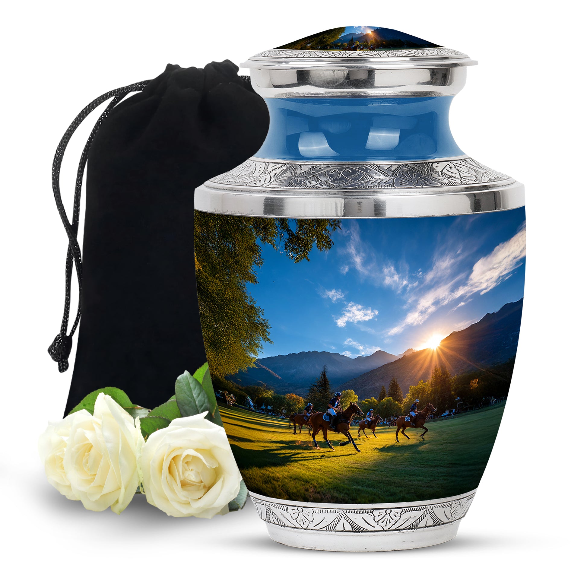 Cobalt Blue Horse Polo Cremation Urn side profile showing urn shape - artistic horse polo interpretation with creative detail - full-size 10 inch 200 cubic inch adult cremation urn
