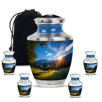 Royal Blue Horse Polo Cremation Urn lifestyle display on memorial shelf - artistic horse polo interpretation with creative detail - memorial set with one large and four small urns
