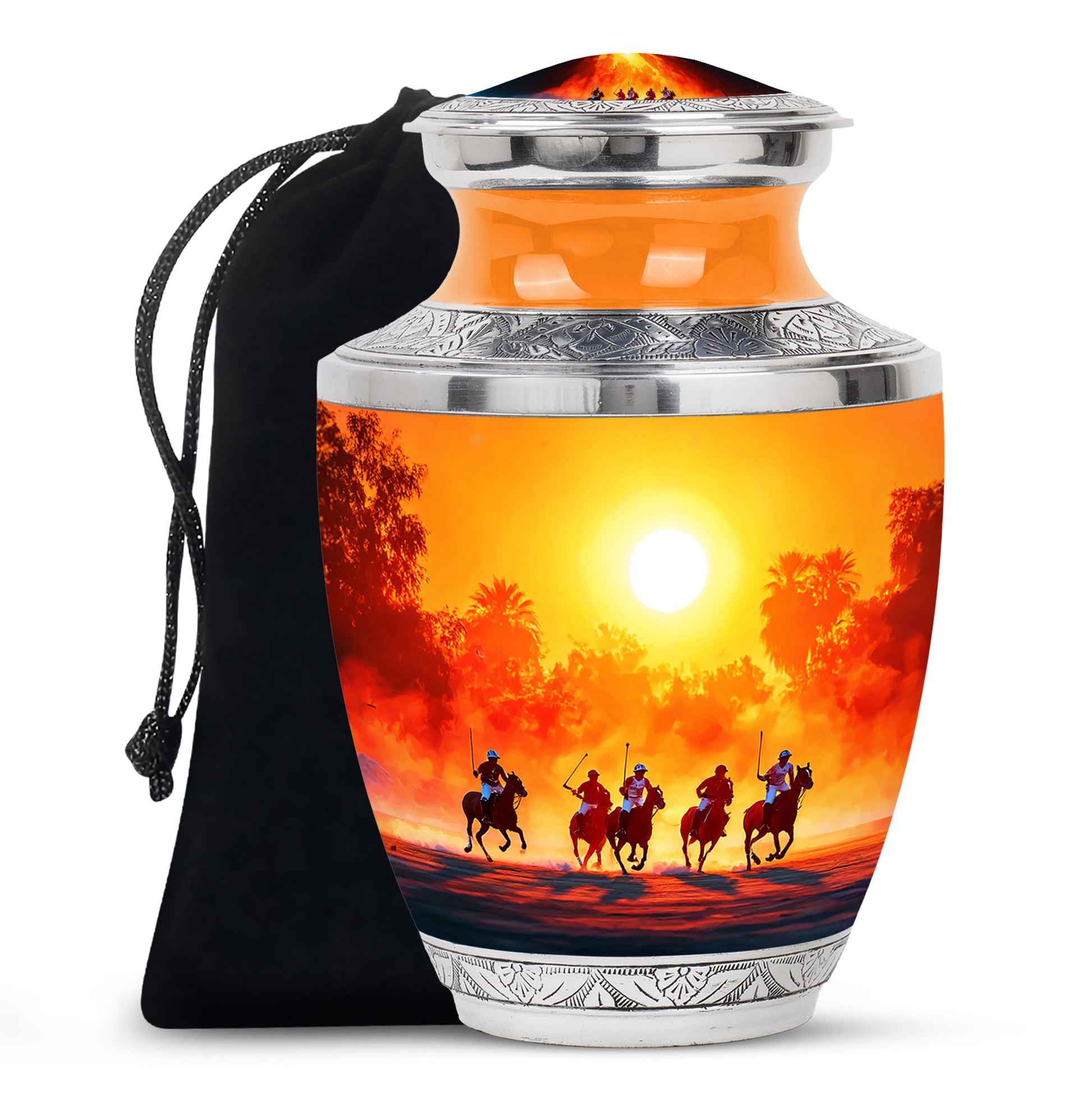 Harvest Gold Horse Polo Cremation Urn side profile showing urn shape - stylized abstract horse polo pattern with bold lines - full-size 10 inch 200 cubic inch adult cremation urn