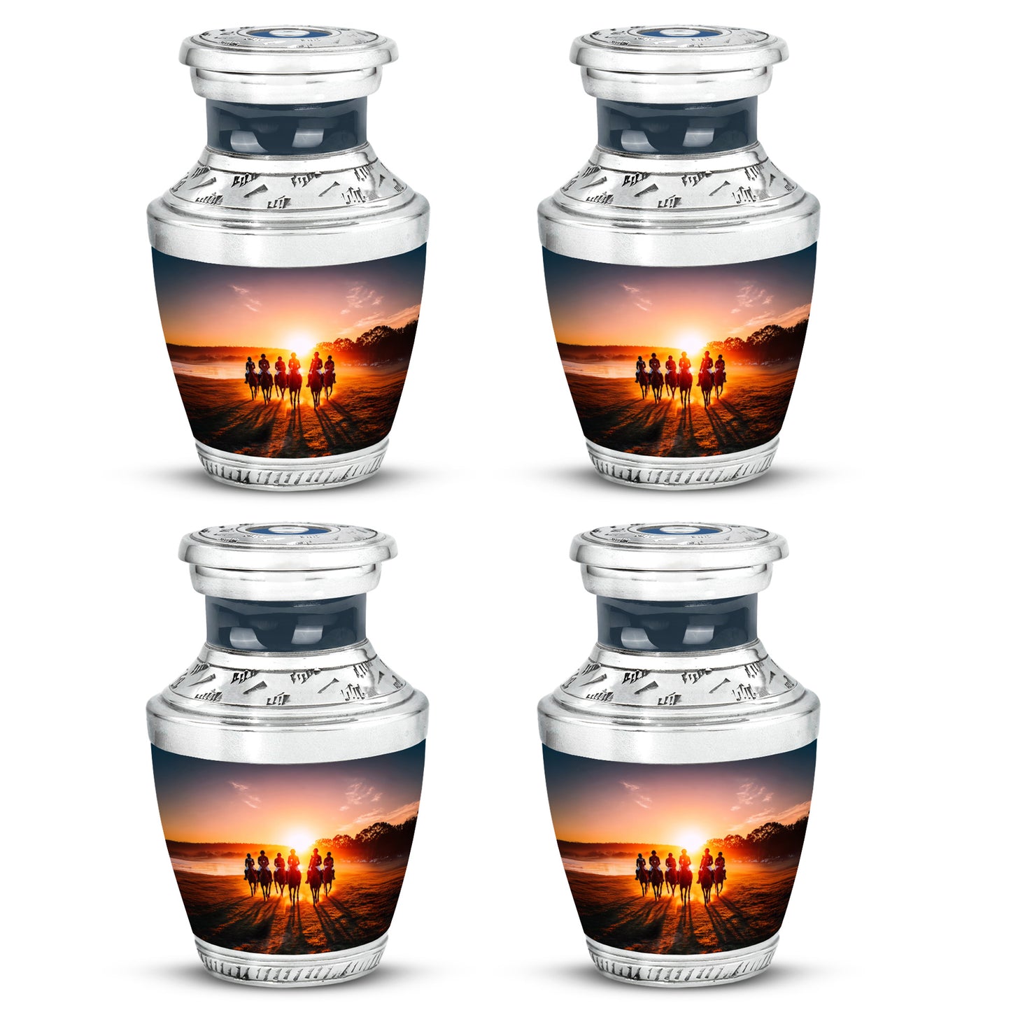 Ebony Horse Polo Cremation Urn back view with polished surface - contemporary horse polo design with modern artistic flair - 10 inch aluminum urn for cremated remains
