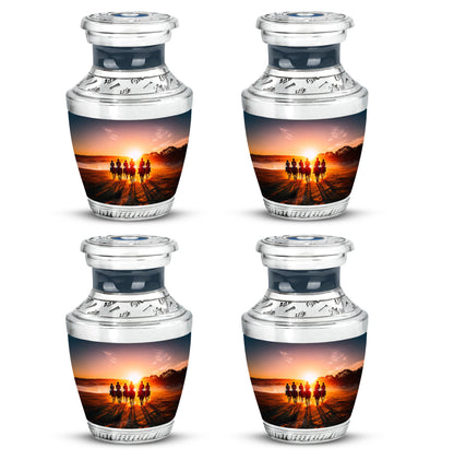 Ebony Horse Polo Cremation Urn back view with polished surface - contemporary horse polo design with modern artistic flair - 10 inch aluminum urn for cremated remains