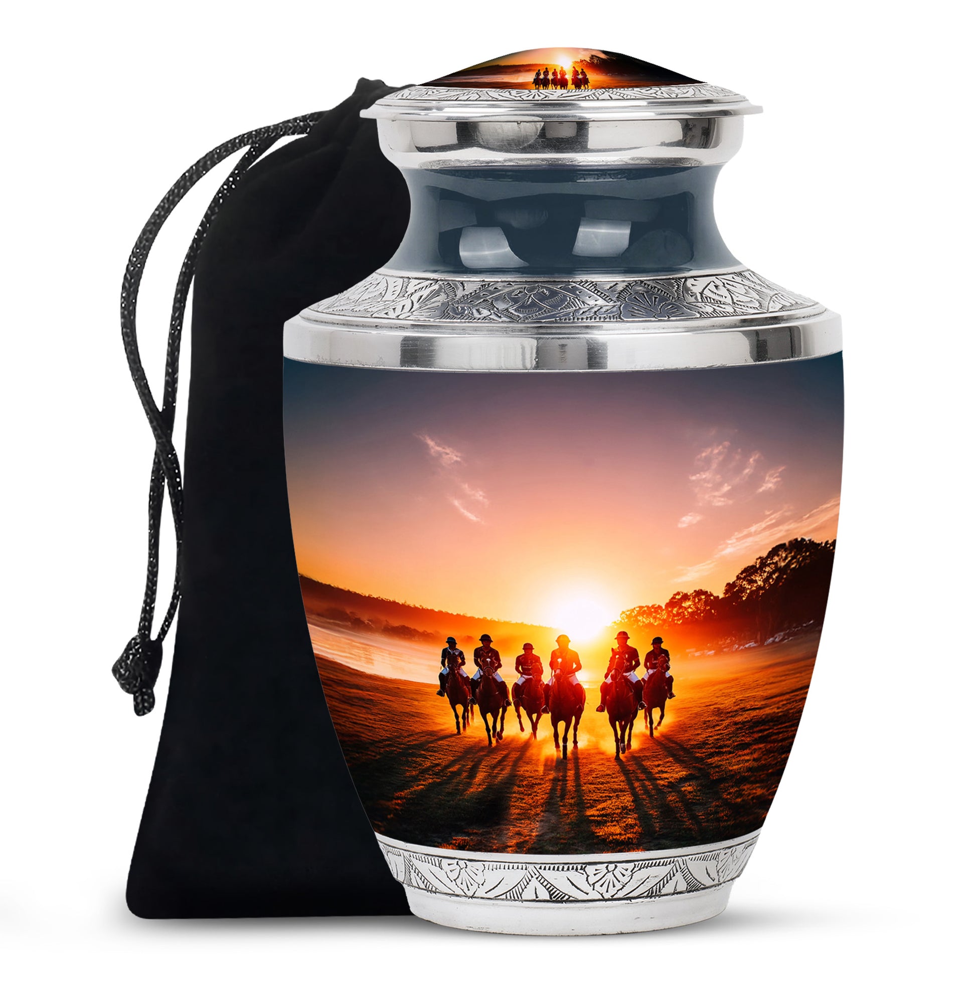 Glossy Black Horse Polo Cremation Urn side profile showing urn shape - contemporary horse polo design with modern artistic flair - full-size 10 inch 200 cubic inch adult cremation urn