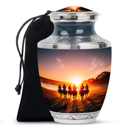 Glossy Black Horse Polo Cremation Urn side profile showing urn shape - contemporary horse polo design with modern artistic flair - full-size 10 inch 200 cubic inch adult cremation urn