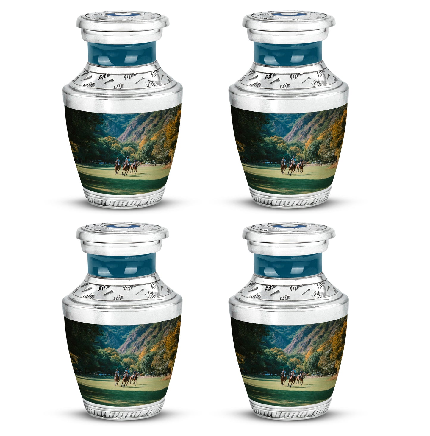 Aqua Teal Horse Polo Cremation Urn back view with polished surface - stylized abstract horse polo pattern with bold lines - 10 inch aluminum urn for cremated remains