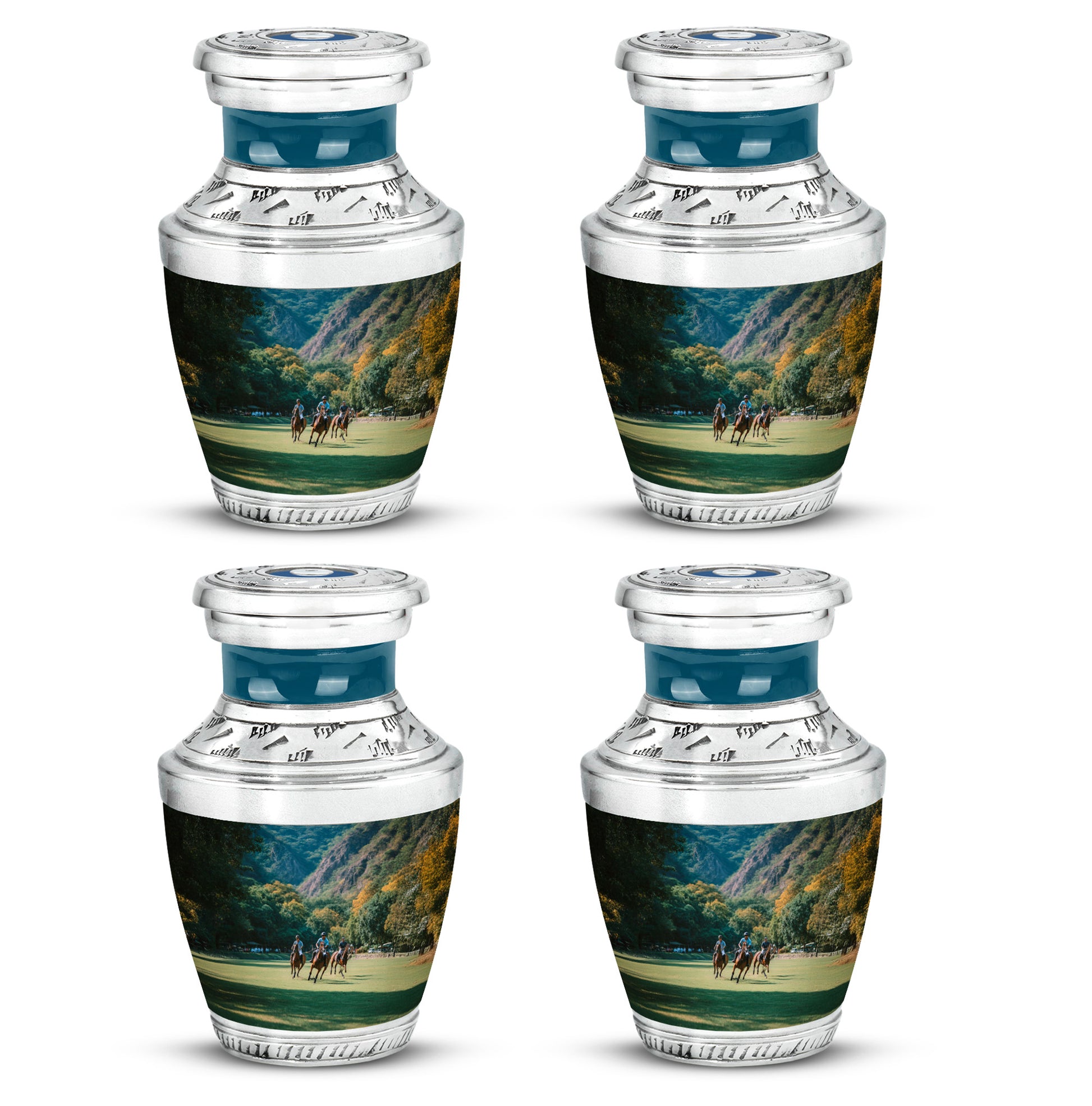 Aqua Teal Horse Polo Cremation Urn back view with polished surface - stylized abstract horse polo pattern with bold lines - 10 inch aluminum urn for cremated remains