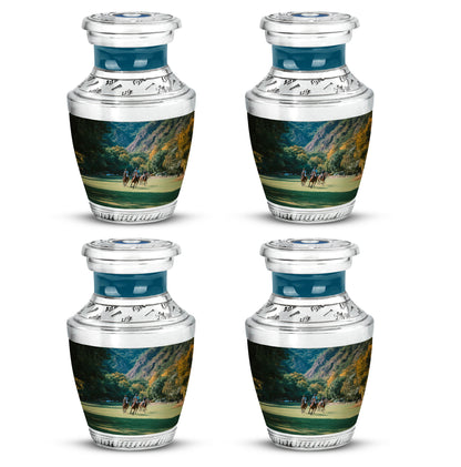 Aqua Teal Horse Polo Cremation Urn back view with polished surface - stylized abstract horse polo pattern with bold lines - 10 inch aluminum urn for cremated remains