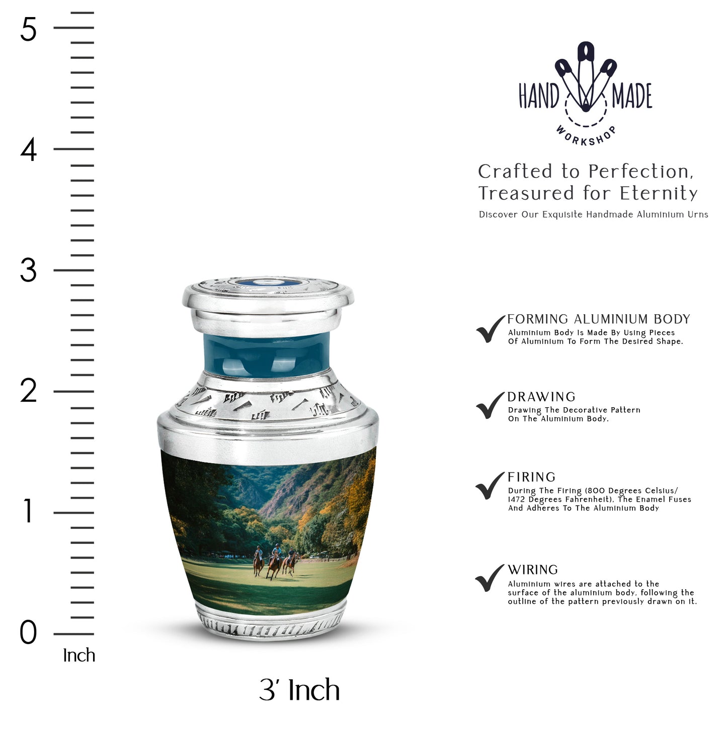 Cool Teal Horse Polo Cremation Urn top-down view of secure threaded lid - modern art-inspired horse polo motif on sleek aluminum - mini keepsake memorial for portion of cremation ashes