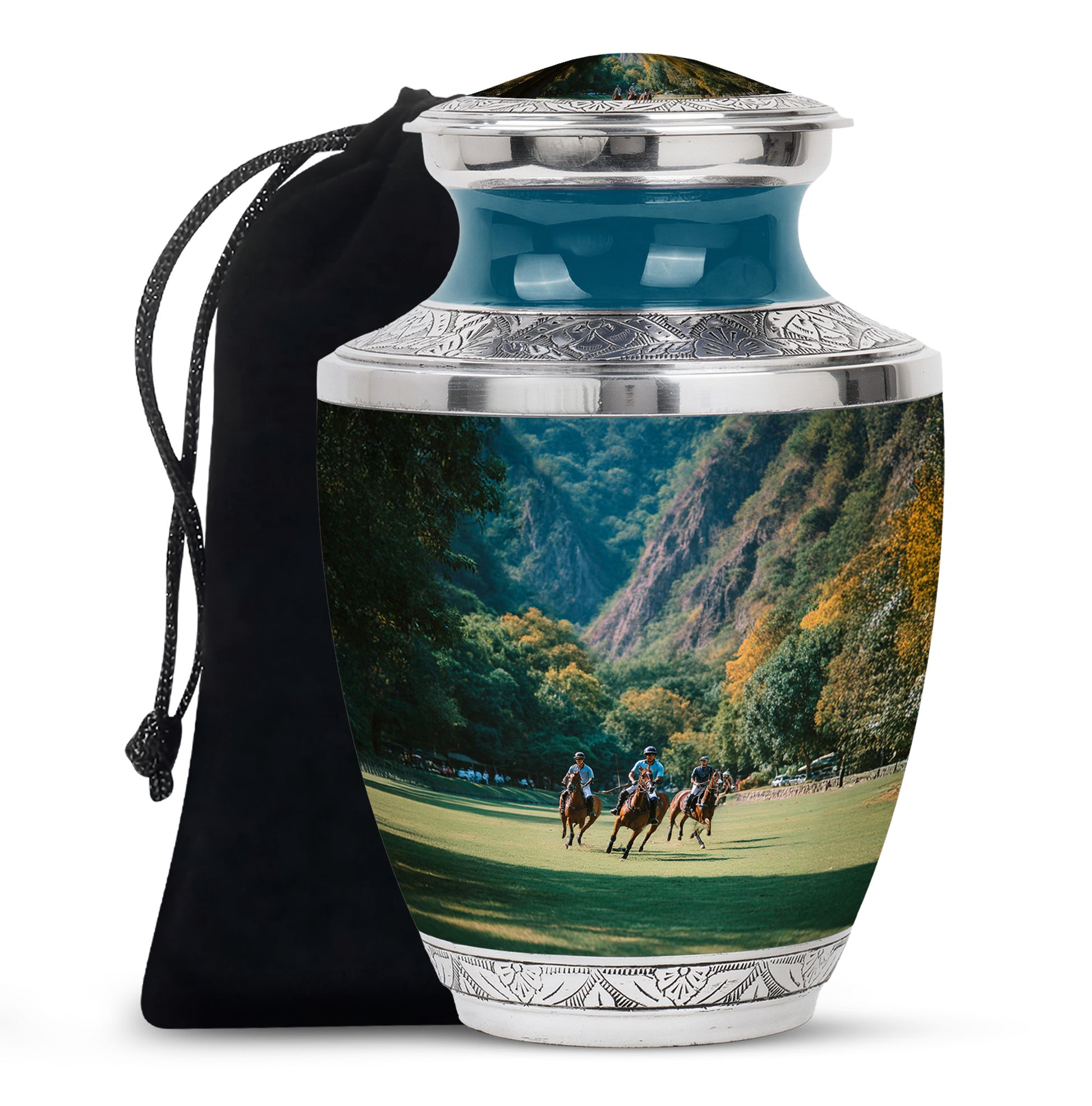 Deep Teal Horse Polo Cremation Urn side profile showing urn shape - artistic horse polo interpretation with creative detail - full-size 10 inch 200 cubic inch adult cremation urn