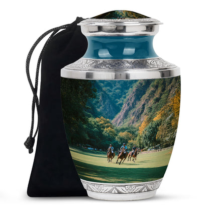 Deep Teal Horse Polo Cremation Urn side profile showing urn shape - artistic horse polo interpretation with creative detail - full-size 10 inch 200 cubic inch adult cremation urn