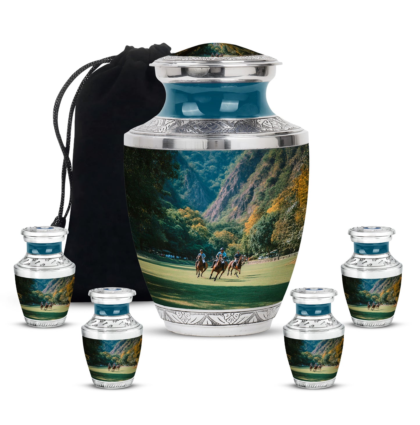 Ocean Teal Horse Polo Cremation Urn lifestyle display on memorial shelf - modern art-inspired horse polo motif on sleek aluminum - memorial set with one large and four small urns