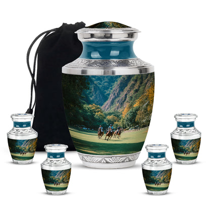 Ocean Teal Horse Polo Cremation Urn lifestyle display on memorial shelf - modern art-inspired horse polo motif on sleek aluminum - memorial set with one large and four small urns