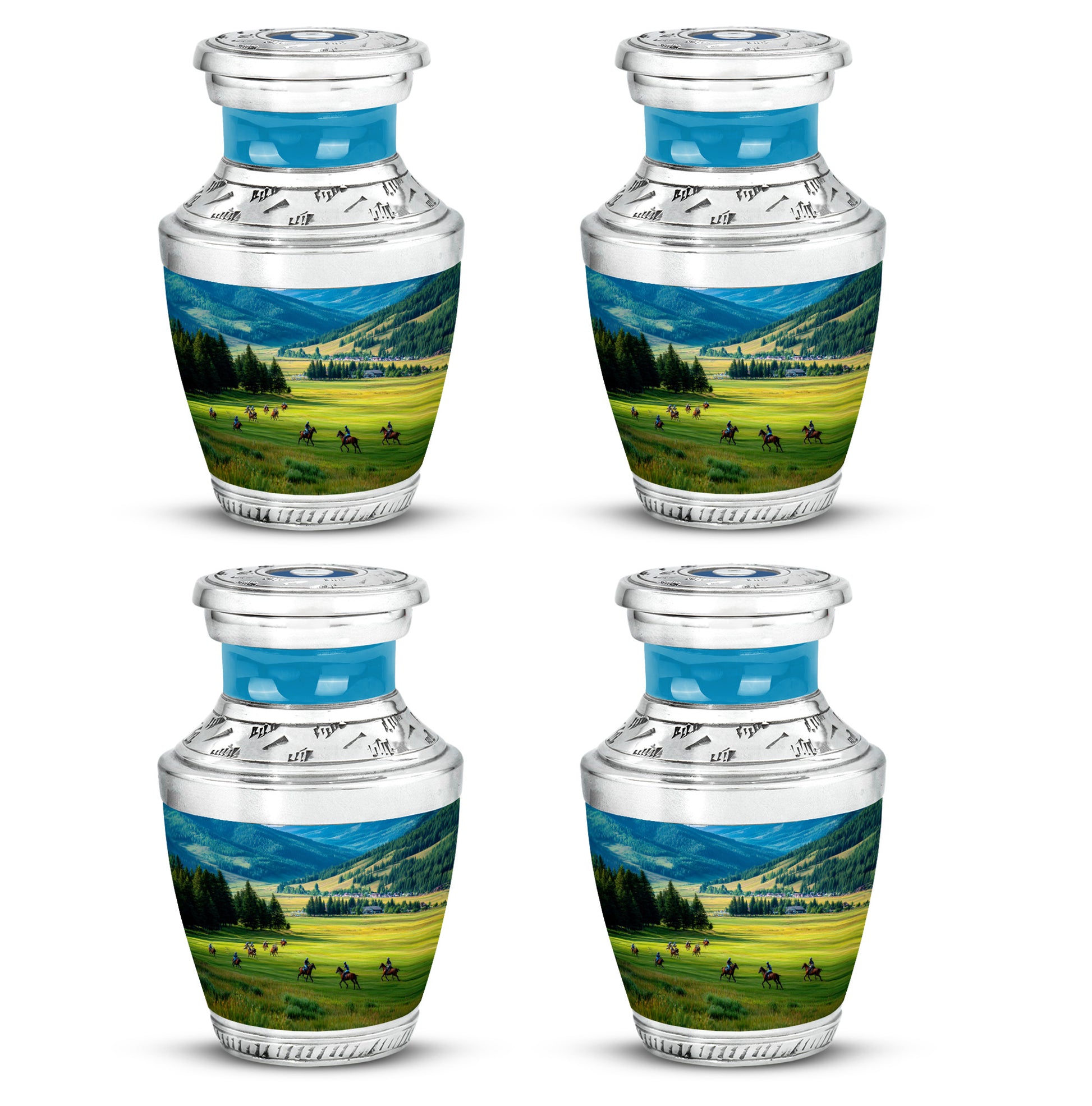 Cornflower Blue Horse Polo Cremation Urn back view with polished surface - stylized abstract horse polo pattern with bold lines - 10 inch aluminum urn for cremated remains