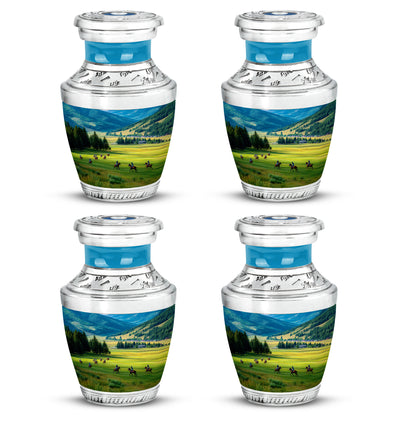 Cornflower Blue Horse Polo Cremation Urn back view with polished surface - stylized abstract horse polo pattern with bold lines - 10 inch aluminum urn for cremated remains