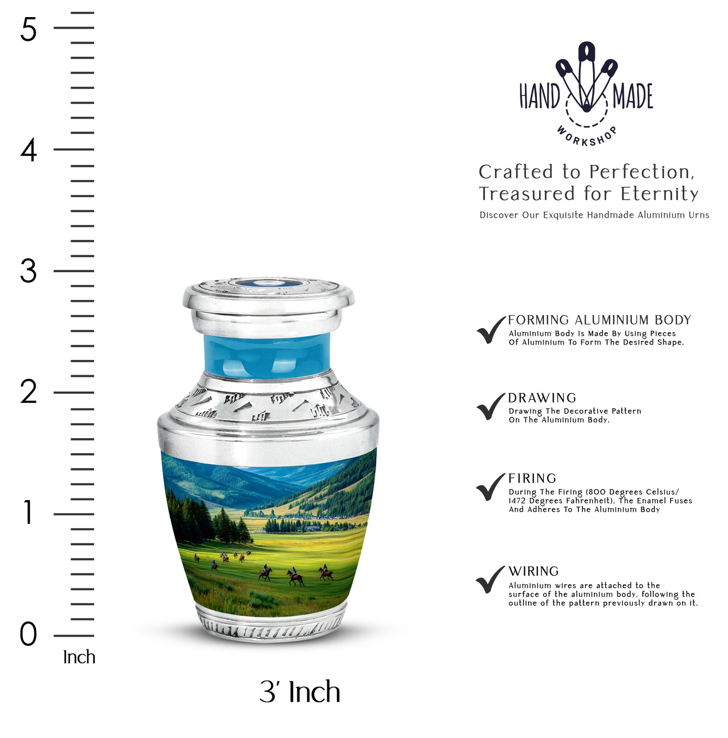 Sapphire Blue Horse Polo Cremation Urn top-down view of secure threaded lid - artistic horse polo interpretation with creative detail - mini keepsake memorial for portion of cremation ashes