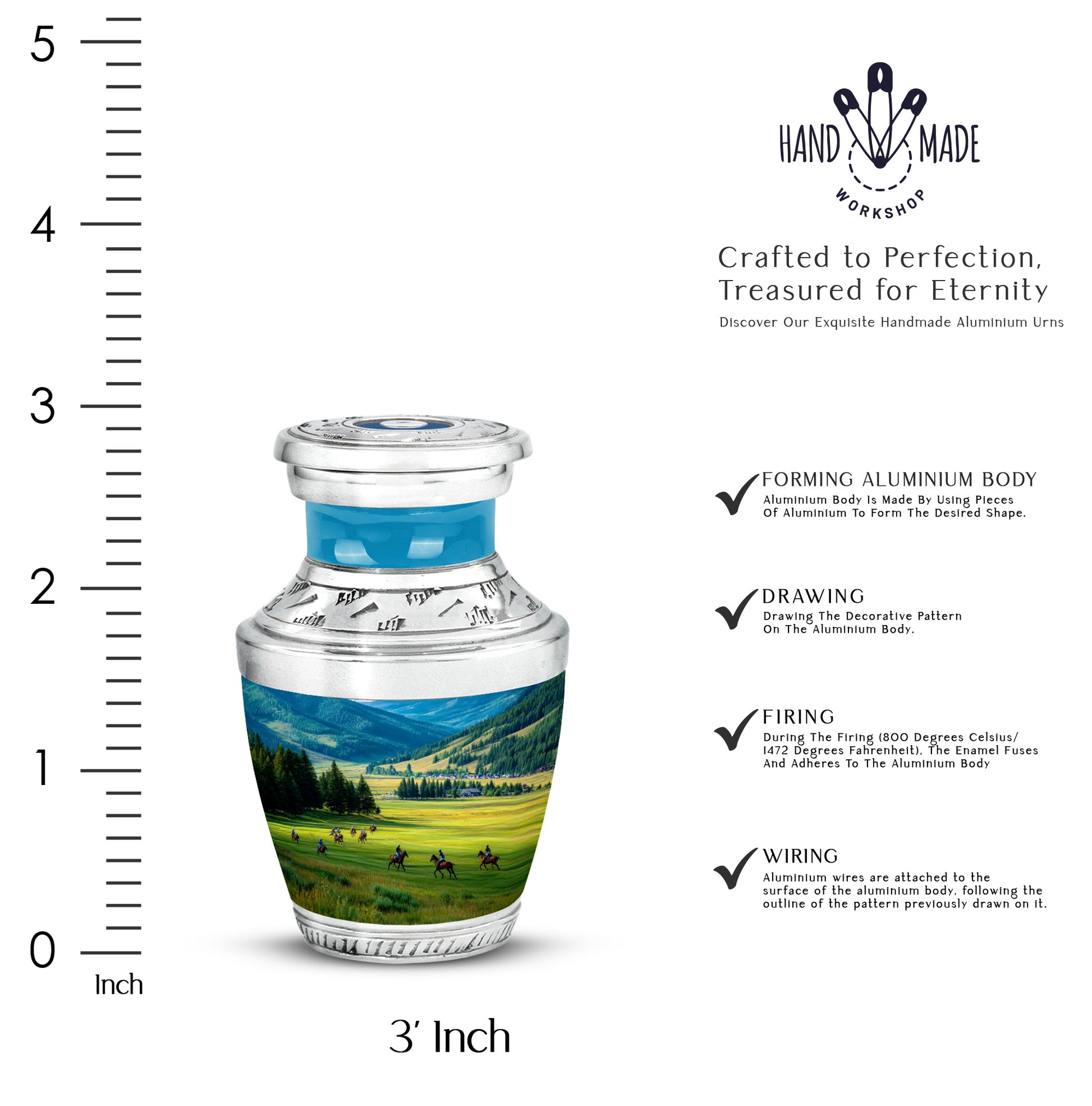 Sapphire Blue Horse Polo Cremation Urn top-down view of secure threaded lid - artistic horse polo interpretation with creative detail - mini keepsake memorial for portion of cremation ashes