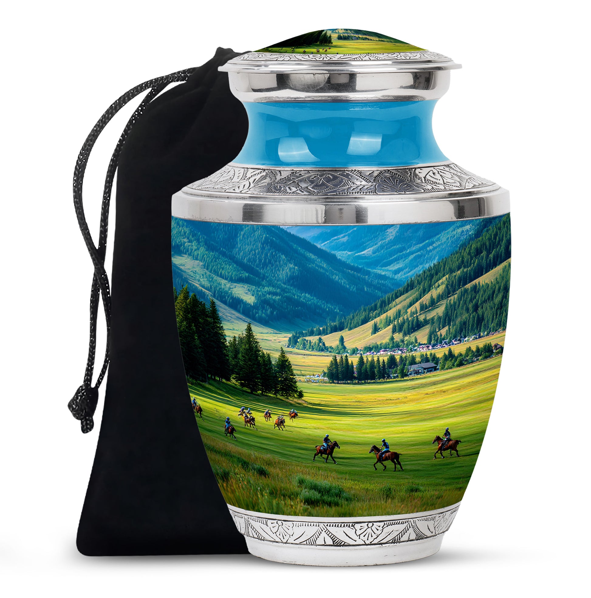Pastel Blue Horse Polo Cremation Urn side profile showing urn shape - modern art-inspired horse polo motif on sleek aluminum - full-size 10 inch 200 cubic inch adult cremation urn