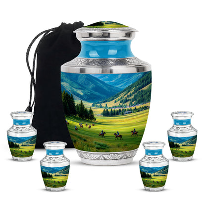Cobalt Blue Horse Polo Cremation Urn lifestyle display on memorial shelf - stylized abstract horse polo pattern with bold lines - memorial set with one large and four small urns