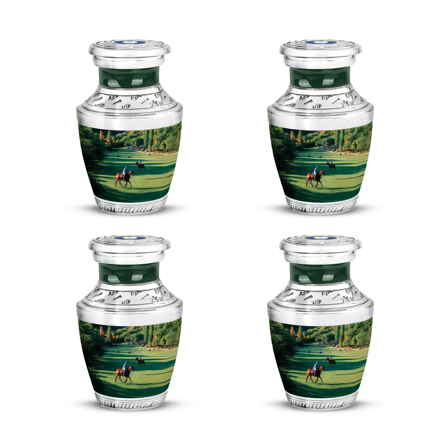 Emerald Green Horse Polo Cremation Urn back view with polished surface - contemporary horse polo design with modern artistic flair - 10 inch aluminum urn for cremated remains