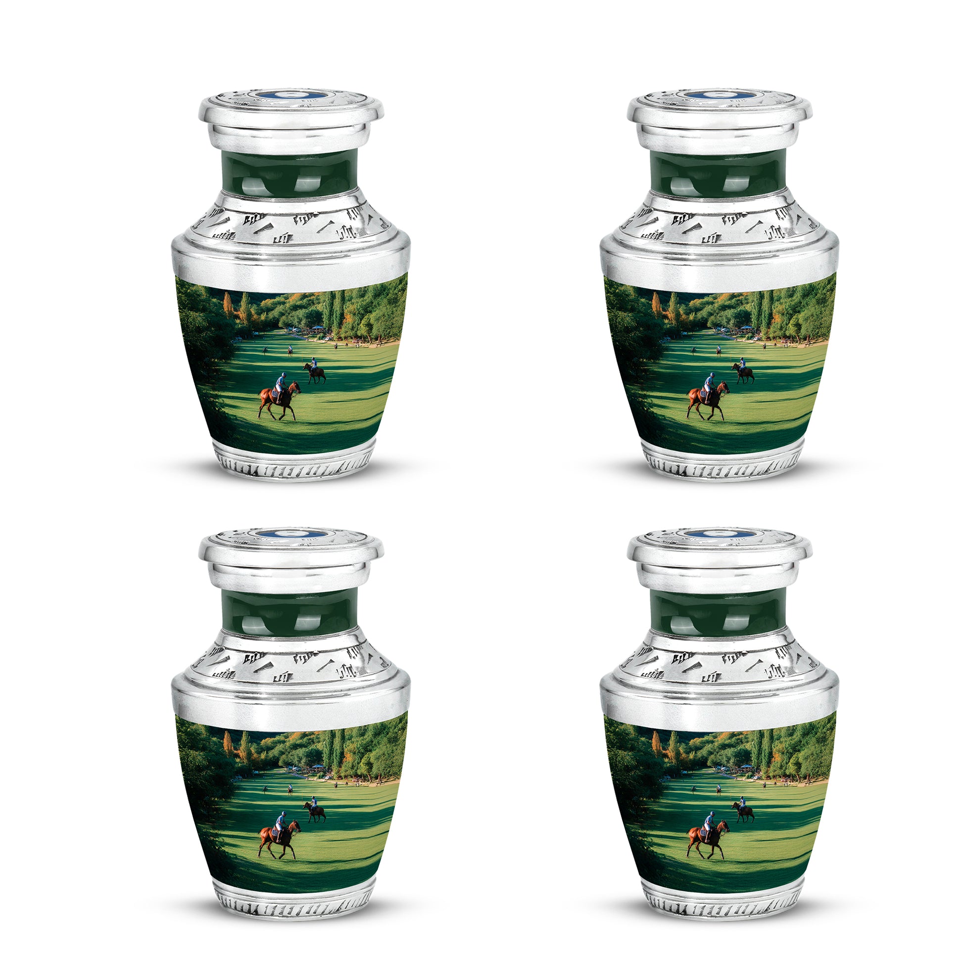 Emerald Green Horse Polo Cremation Urn back view with polished surface - contemporary horse polo design with modern artistic flair - 10 inch aluminum urn for cremated remains