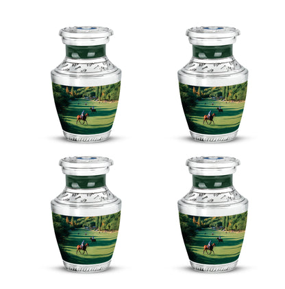 Emerald Green Horse Polo Cremation Urn back view with polished surface - contemporary horse polo design with modern artistic flair - 10 inch aluminum urn for cremated remains