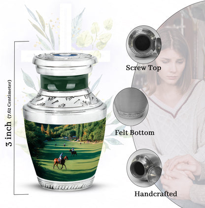 Olive Green Horse Polo Cremation Urn top-down view of secure threaded lid - stylized abstract horse polo pattern with bold lines - mini keepsake memorial for portion of cremation ashes
