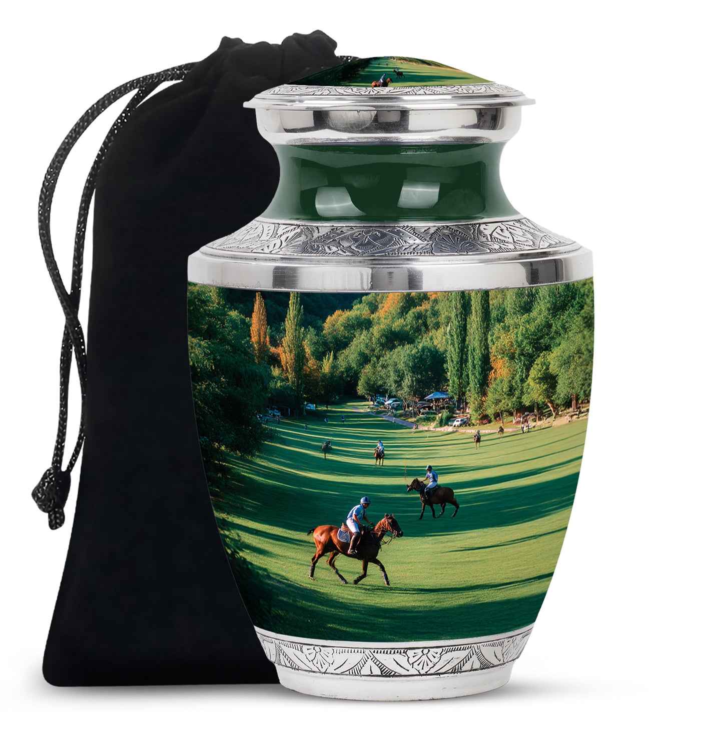 Olive Green Horse Polo Cremation Urn side profile showing urn shape - artistic horse polo interpretation with creative detail - full-size 10 inch 200 cubic inch adult cremation urn
