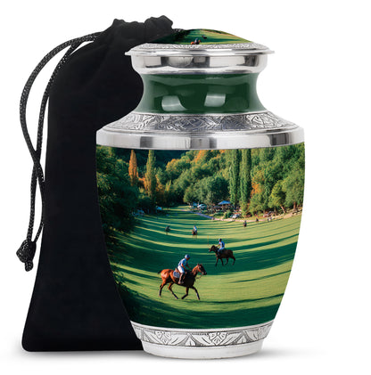 Olive Green Horse Polo Cremation Urn side profile showing urn shape - artistic horse polo interpretation with creative detail - full-size 10 inch 200 cubic inch adult cremation urn
