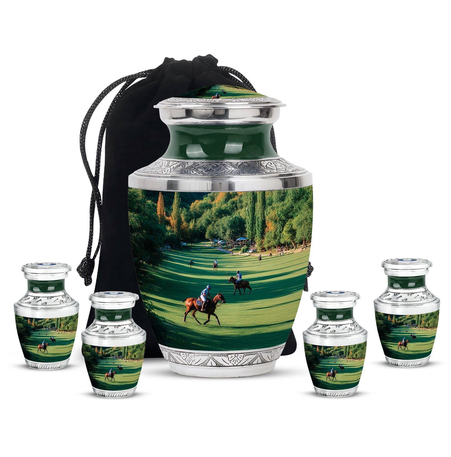Hunter Green Horse Polo Cremation Urn lifestyle display on memorial shelf - artistic horse polo interpretation with creative detail - memorial set with one large and four small urns