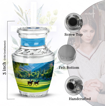 Deep Teal Horse Polo Cremation Urn top-down view of secure threaded lid - stylized abstract horse polo pattern with bold lines - mini keepsake memorial for portion of cremation ashes