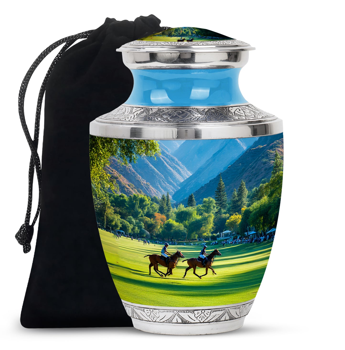 Vivid Teal Horse Polo Cremation Urn side profile showing urn shape - stylized abstract horse polo pattern with bold lines - full-size 10 inch 200 cubic inch adult cremation urn