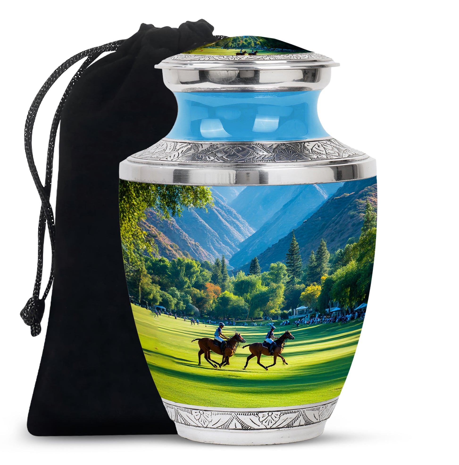 Vivid Teal Horse Polo Cremation Urn side profile showing urn shape - stylized abstract horse polo pattern with bold lines - full-size 10 inch 200 cubic inch adult cremation urn