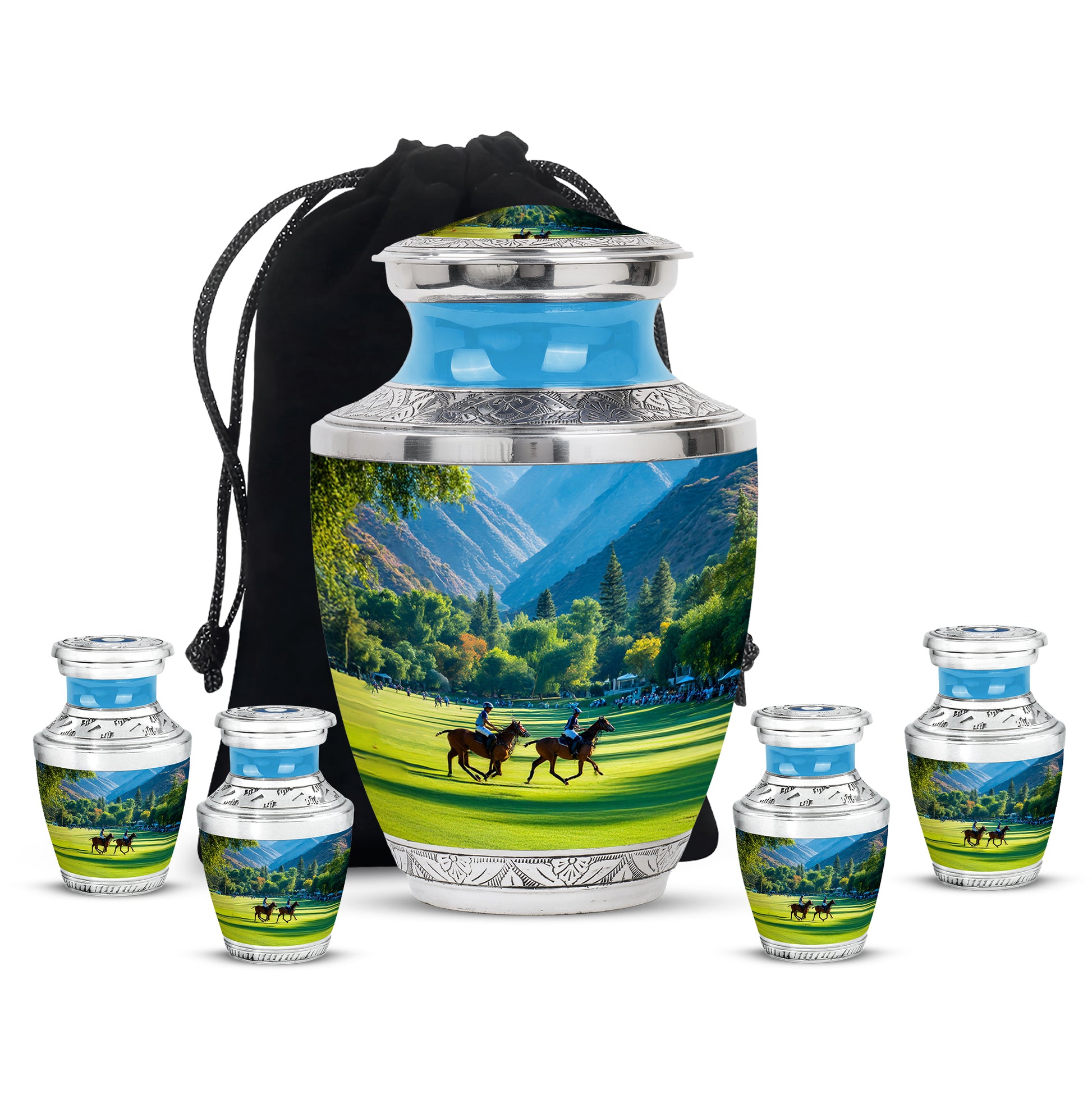Jewel Teal Horse Polo Cremation Urn lifestyle display on memorial shelf - contemporary horse polo design with modern artistic flair - memorial set with one large and four small urns
