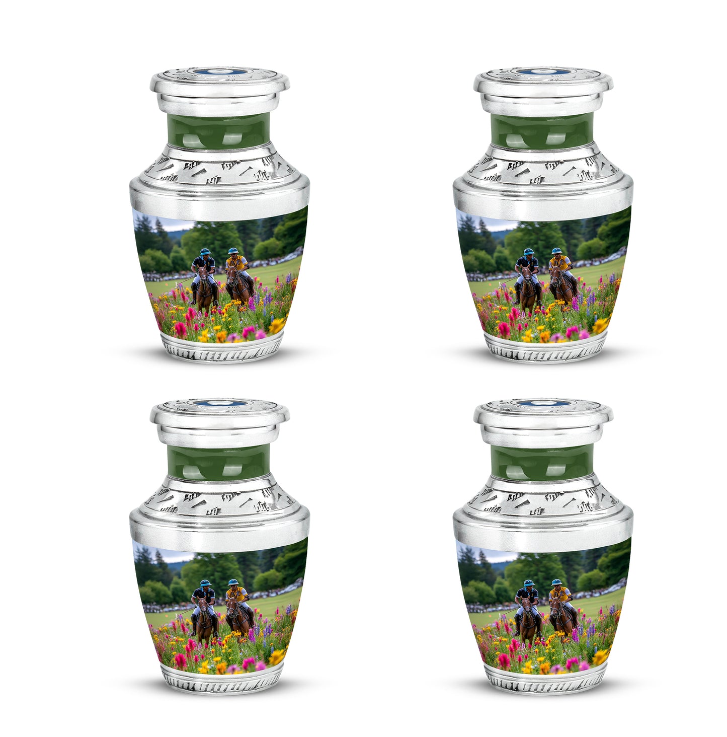 Steel Gray Horse Polo Cremation Urn back view with polished surface - stylized abstract horse polo pattern with bold lines - 10 inch aluminum urn for cremated remains