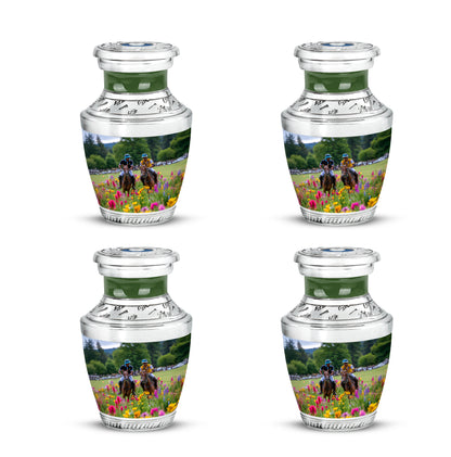 Steel Gray Horse Polo Cremation Urn back view with polished surface - stylized abstract horse polo pattern with bold lines - 10 inch aluminum urn for cremated remains