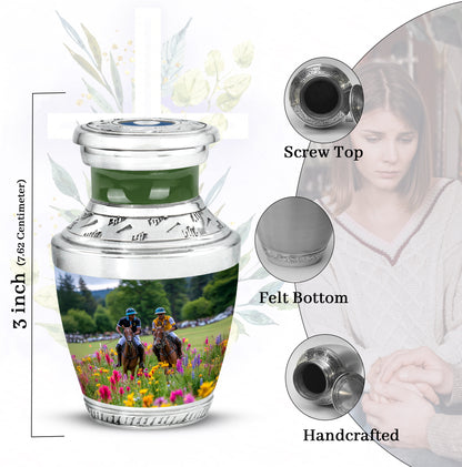 Charcoal Gray Horse Polo Cremation Urn top-down view of secure threaded lid - contemporary horse polo design with modern artistic flair - mini keepsake memorial for portion of cremation ashes