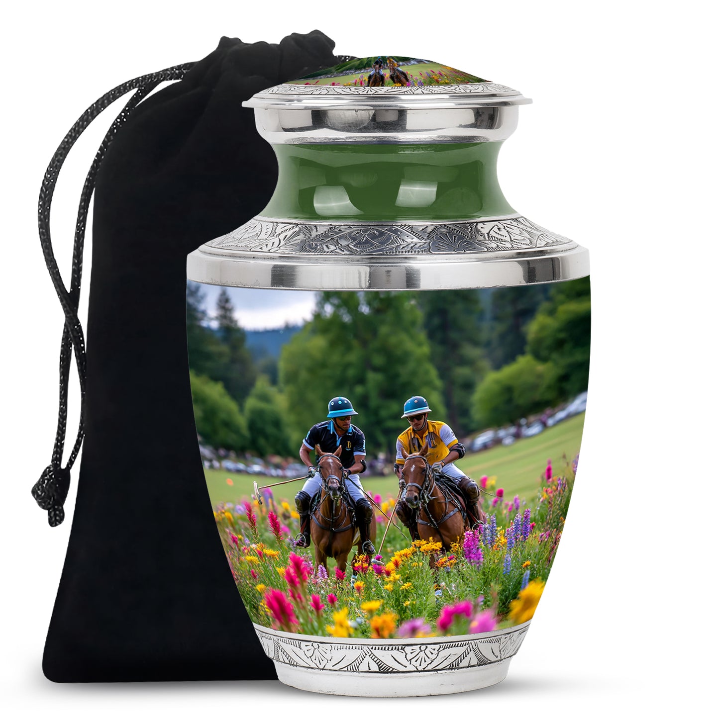 Dove Gray Horse Polo Cremation Urn side profile showing urn shape - contemporary horse polo design with modern artistic flair - full-size 10 inch 200 cubic inch adult cremation urn