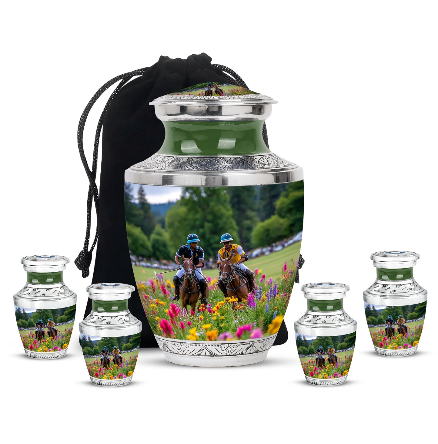 Mist Gray Horse Polo Cremation Urn lifestyle display on memorial shelf - contemporary horse polo design with modern artistic flair - memorial set with one large and four small urns
