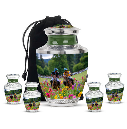 Mist Gray Horse Polo Cremation Urn lifestyle display on memorial shelf - contemporary horse polo design with modern artistic flair - memorial set with one large and four small urns