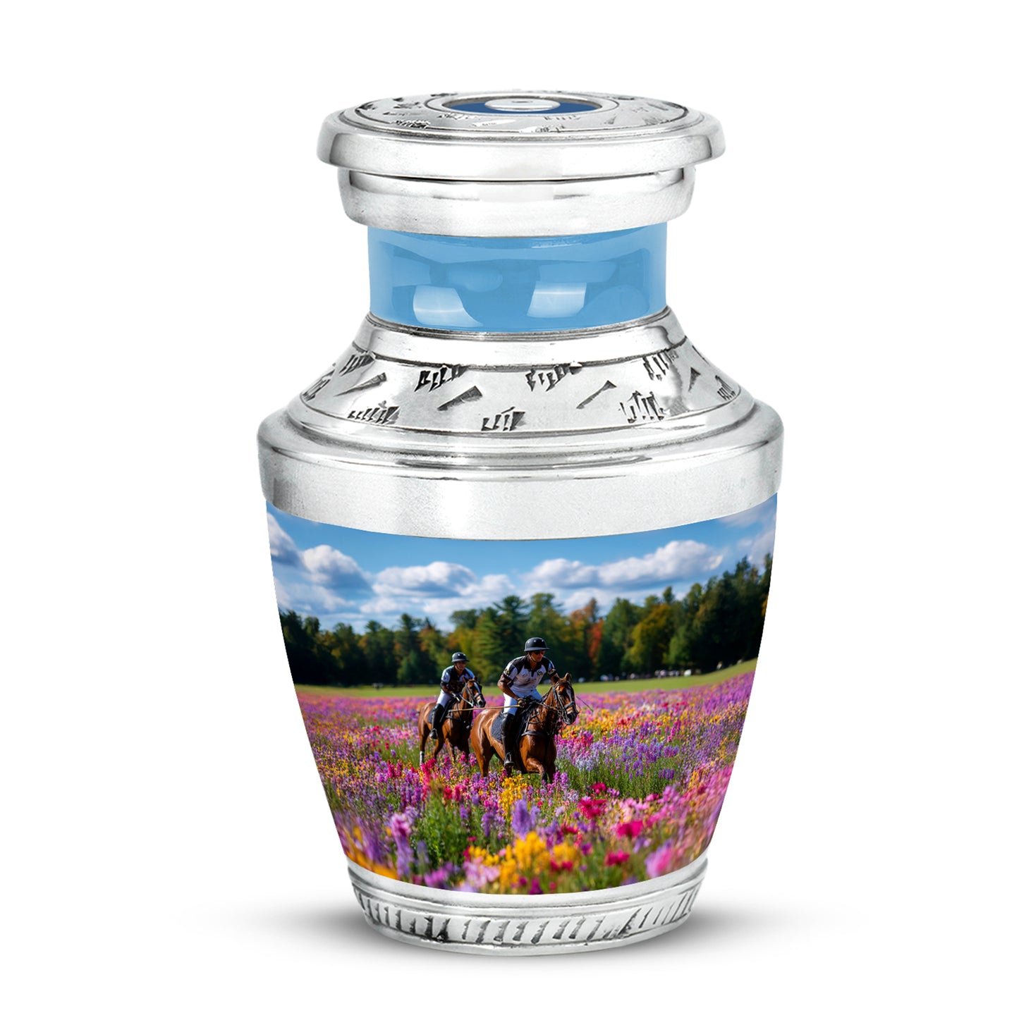 Blue Treasured Horse Polo Cremation Urns for Human Ashes - 10-inch, 200 cu in - Yatskia