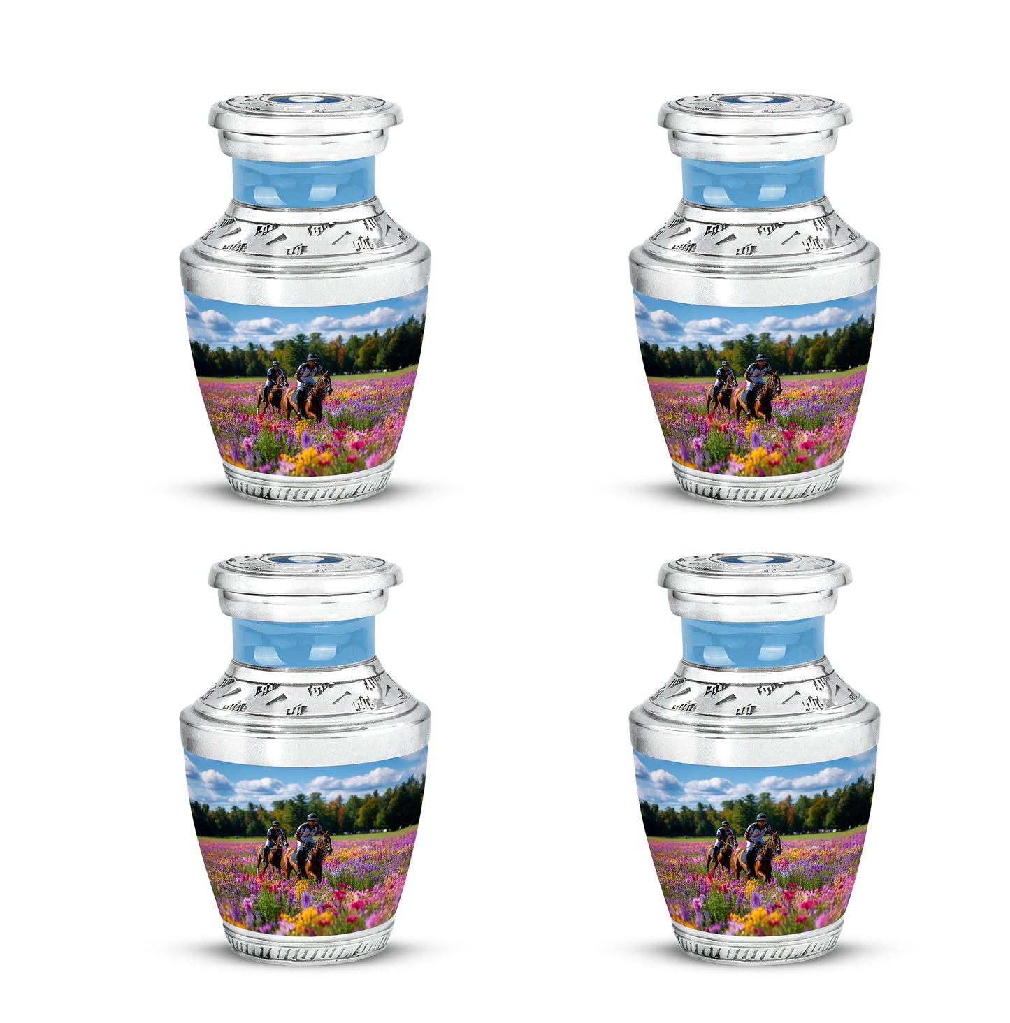 Calming Blue Horse Polo Cremation Urn back view with polished surface - artistic horse polo interpretation with creative detail - 10 inch aluminum urn for cremated remains