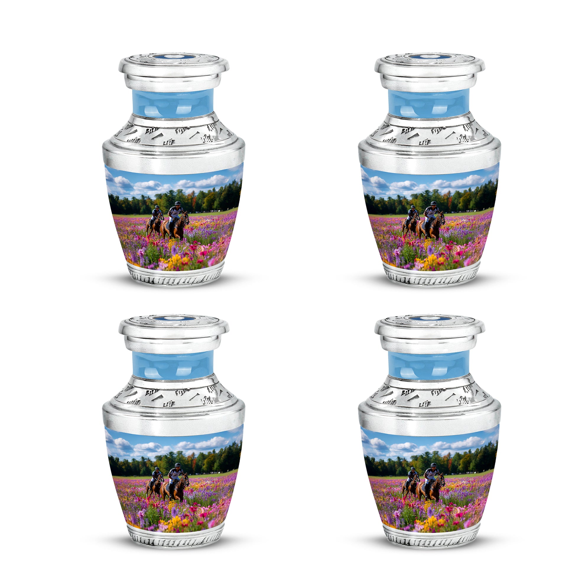 Calming Blue Horse Polo Cremation Urn back view with polished surface - artistic horse polo interpretation with creative detail - 10 inch aluminum urn for cremated remains